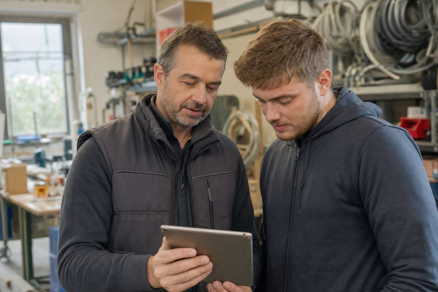 Betriebsinhaber und neue Fachkraft am Tablet in der Werkstatt